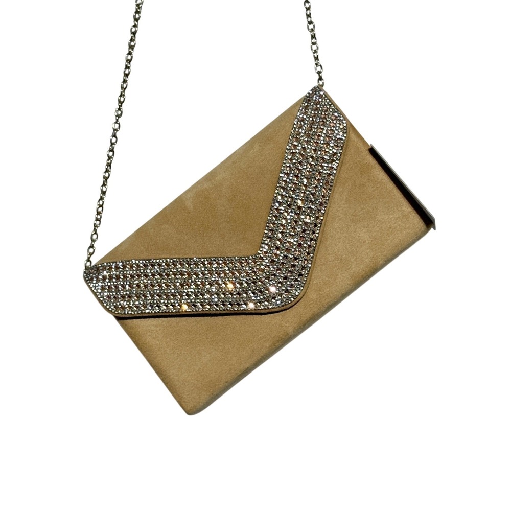 NEW Lefrcry Tan Faux Suede Rhinestone V Flap‎ Evening Clutch Bag